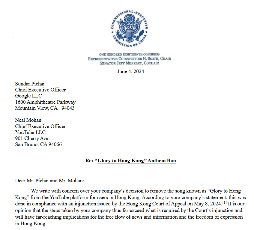 GundamNorthrop's tweet photo. U.S. Representative Chris Smith &amp; Senator Jeff Merkley released a letter today to Google CEO Sundar Pinchai &amp; YouTube CEO Neal Mohan urging them to restore the protest anthem “Glory to Hong Kong” on the YouTube platform for users in #HongKong. 

https://t.co/3yedwDK5vU https://t.co/st4MJPrba5