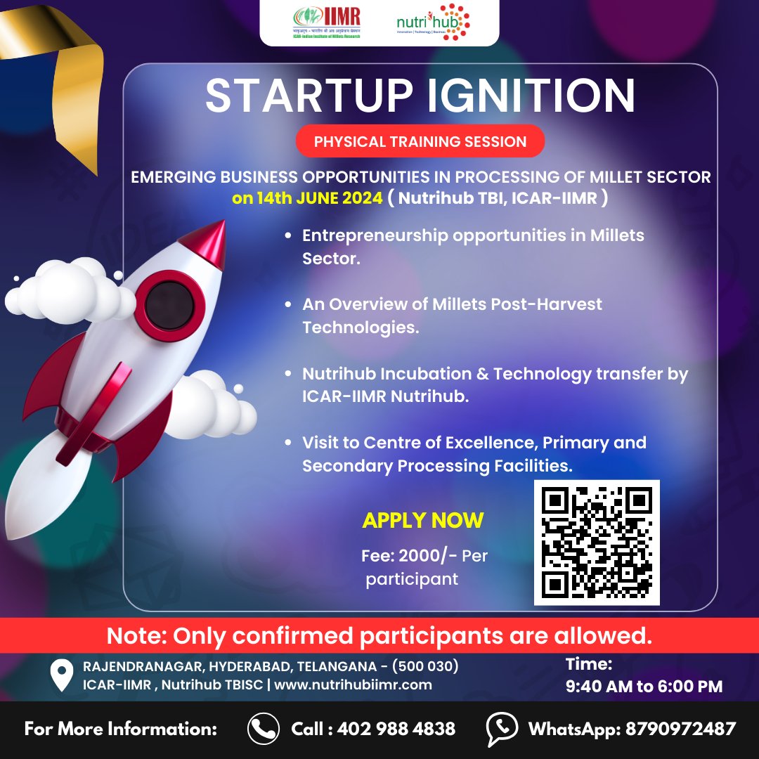 🚀 Calling all Agri-entrepreneurs! Join us at Nutrihub's Start-Up Ignition Program on June 14, 2024, at Nutrihub, ICAR- IIMR, Hyderabad. Dive into the millets industry and transform your business dreams into reality. Limited seats ! Confirm your spot now: forms.gle/nGNyQQ9tGBbinM…