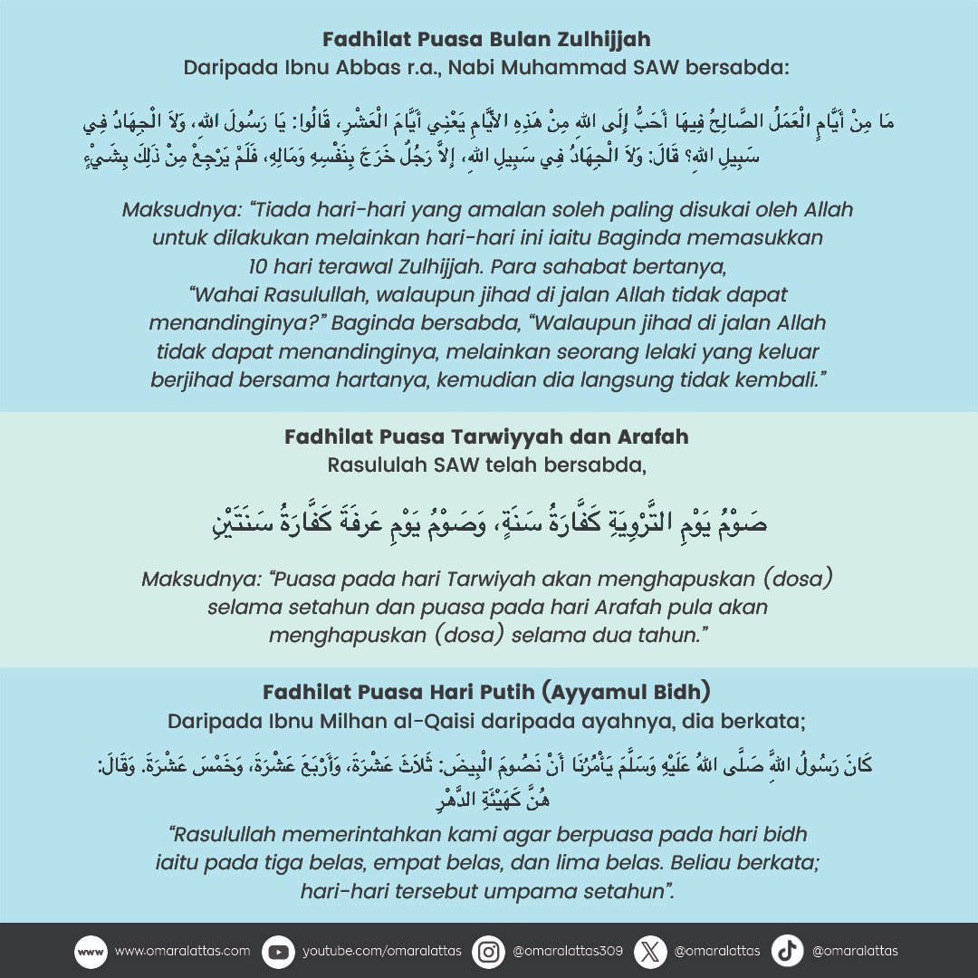 omaralattas's tweet photo. 📌Puasa Sunat Zulhijjah (Jun 2024)

1-7 Zulhijjah = 8-14 Jun
8 Zulhijjah = 15 Jun (Hari Tarwiyah)
9 Zulhijjah = 16 Jun (Hari Arafah)

10-13 Zulhijjah = 17-20 Jun (Hari Tasyriq, haram puasa)
(10 Zulhijjah = Aidiladha)

14 &amp; 15 Zulhijjah = 21 &amp; 22 Jun (Hari Putih)

Selamat beramal. https://t.co/97s4EUguxS