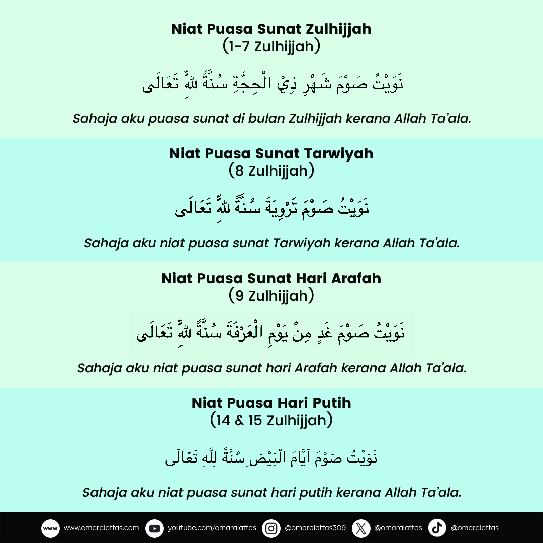 omaralattas's tweet photo. 📌Puasa Sunat Zulhijjah (Jun 2024)

1-7 Zulhijjah = 8-14 Jun
8 Zulhijjah = 15 Jun (Hari Tarwiyah)
9 Zulhijjah = 16 Jun (Hari Arafah)

10-13 Zulhijjah = 17-20 Jun (Hari Tasyriq, haram puasa)
(10 Zulhijjah = Aidiladha)

14 &amp; 15 Zulhijjah = 21 &amp; 22 Jun (Hari Putih)

Selamat beramal. https://t.co/97s4EUguxS
