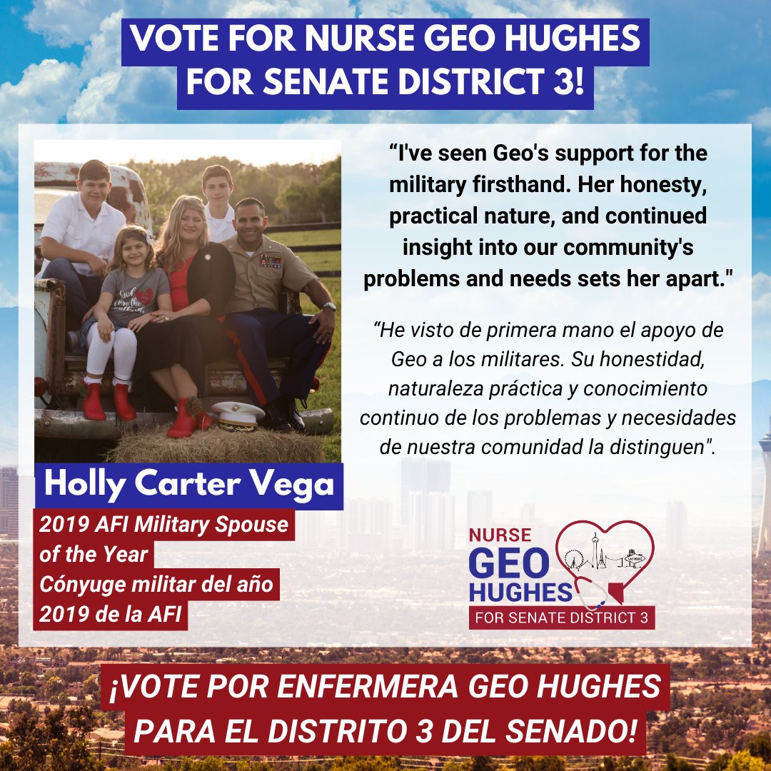 GeoForNevada's tweet photo. Holly Carter Vega, 2019 AFI Military Spouse of the Year: “I've seen Geo's support for the military firsthand. Her honesty, practical nature, and continued insight into our community's problems & needs sets her apart."
🗳️Early Voting: Now -June 7th.
#GeoForNevada #SiSePuede https://t.co/45lBgFEzLM