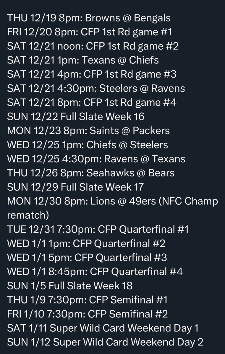 ToddBSpeed's tweet image. In the future, it may turn out there is such a thing as 'too much Football.' Between all these wonderful games of 12 mins true live action, let's also celebrate the Holidays. ⁦@NFL⁩ ⁦@CFBPlayoff⁩ ⁦@NCAA⁩ ⁦@670TheScore⁩ #catchagame