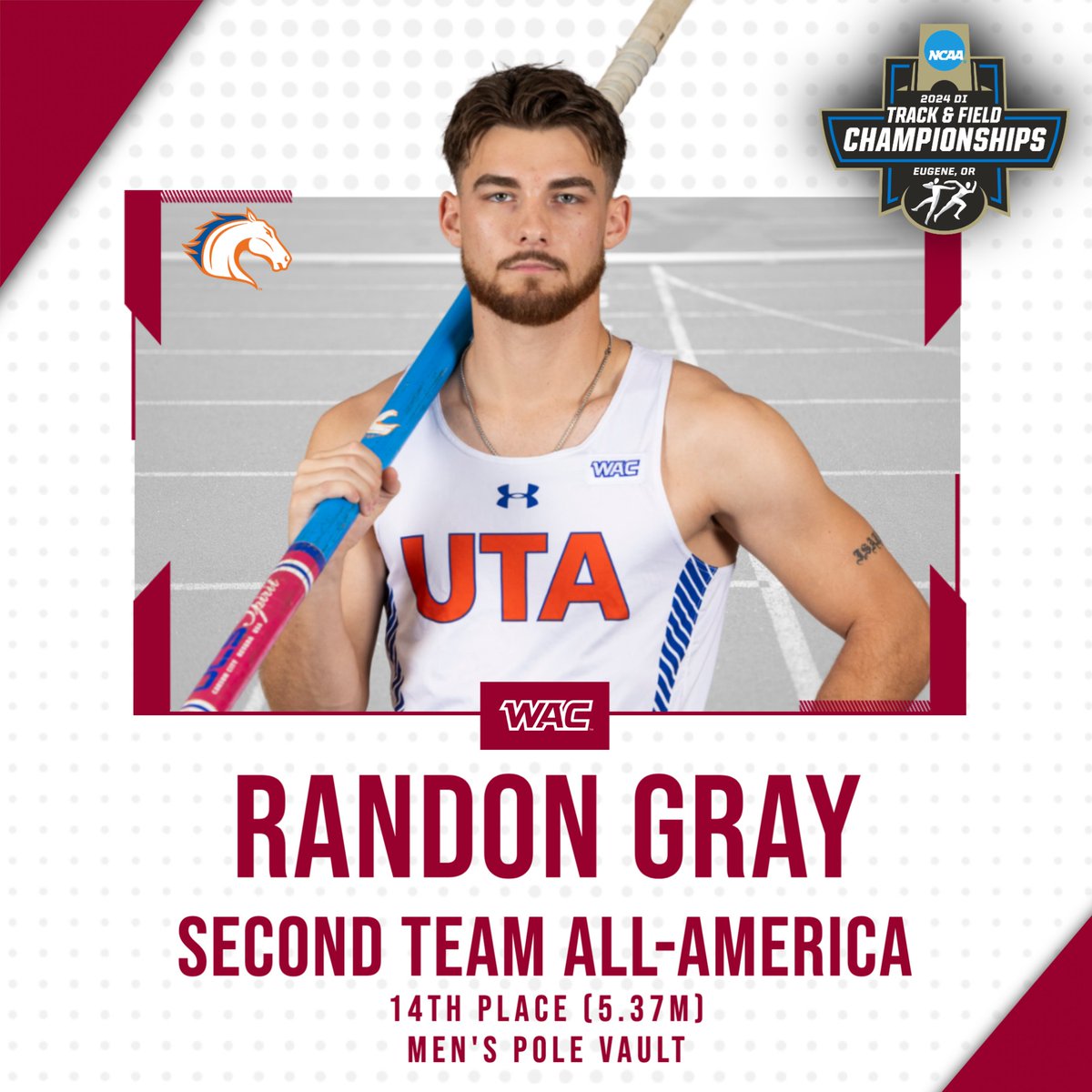 The Western Athletic Conference (@wacsports) on Twitter photo ๐๐๐๐๐๐ ๐๐๐๐ ๐๐๐-๐๐๐๐๐๐๐
Congratulations to Randon Gray of <a href="/UTAMavsTFXC/">UTA Track&Field/XC</a> on placing 14th in the pole vault, earning Second Team All-America honors! Randon had a mark of 5.37m!
#OneWAC x #WACotf x #NCAATF ๐๐๐๐๐๐ ๐๐๐๐ ๐๐๐-๐๐๐๐๐๐๐
Congratulations to Randon Gray of <a href="/UTAMavsTFXC/">UTA Track&Field/XC</a> on placing 14th in the pole vault, earning Second Team All-America honors! Randon had a mark of 5.37m!
#OneWAC x #WACotf x #NCAATF