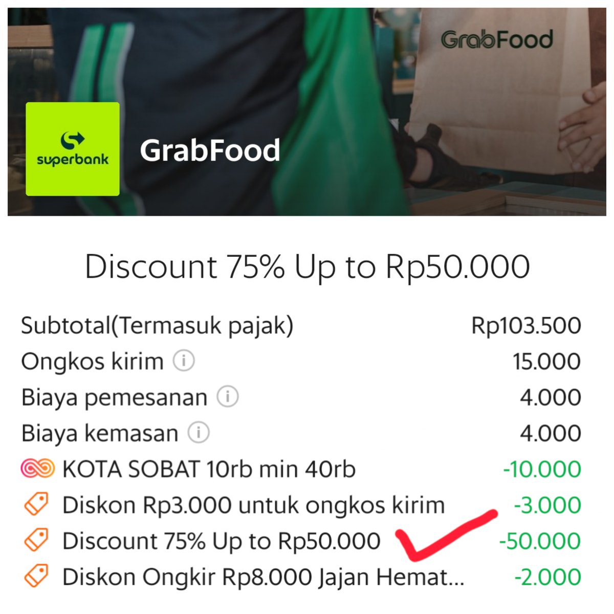 Parah Superbank!! Ada promo diskon 75% s.d 50rb untuk pembayaran GrabFood pake Superbank.

DOWNLOAD APP SUPERBANK, LANGSUNG DAFTAR AKUN dan GUNAKAN KODE REFERAL SUPERBANK : P99K26

Mumpung BAKAR DUIT guys! BURUAN!!