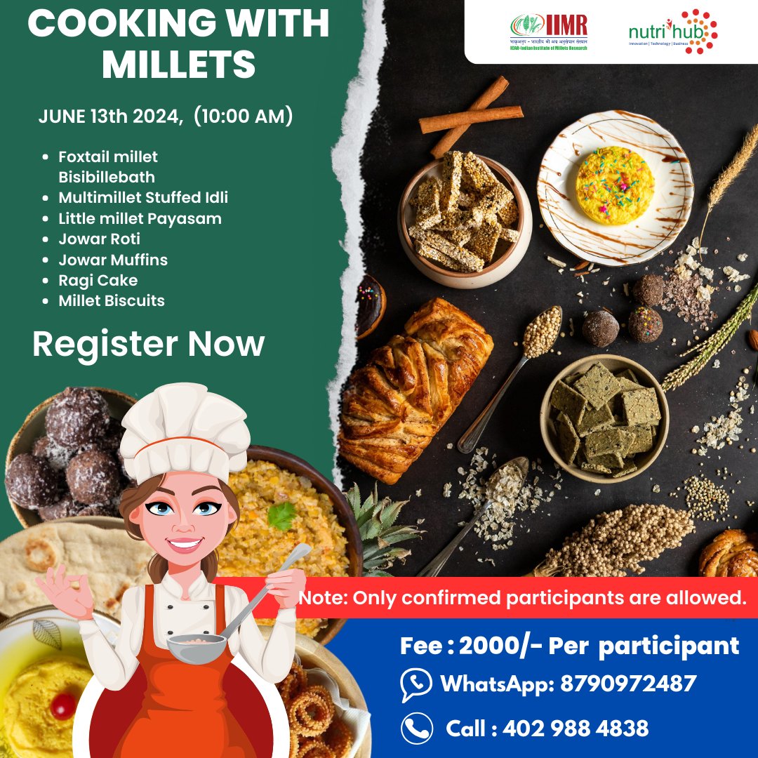 🍽️ Excited about millets? Join us for "Cooking With Millets" on June 13, 2024, at Nutrihub, ICAR-IIMR, Hyderabad. Learn how to cook millets ! Limited seats—only 40 available! Confirm your spot now: (forms.gle/SkKAHz5fDCtgxt…)

📍 Nutrihub TBISC, IIMR-ICAR, Hyderabad