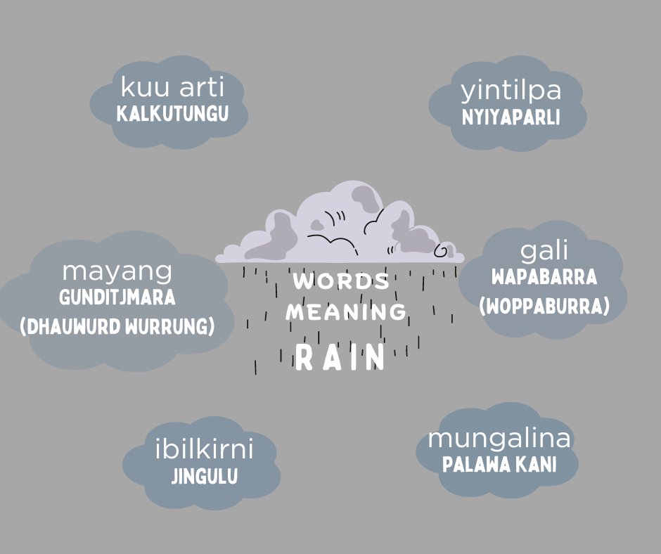 RUIL Unimelb (@indiglang) on Twitter photo Here are six words meaning rain in six Indigenous Languages.
Listen and learn more at the 50 Word Project link below.
50words.online/languages
#IndigenousLanguages #50wordproject Here are six words meaning rain in six Indigenous Languages.
Listen and learn more at the 50 Word Project link below.
50words.online/languages
#IndigenousLanguages #50wordproject