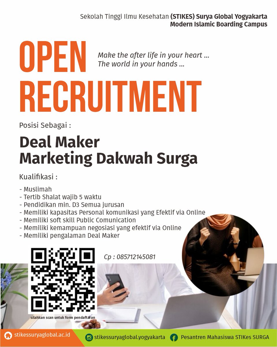 StikesSURGA's tweet photo. DEAL MAKER MARKETING DAKWAH SURGA

Job desk:
Membangun Komunikasi Aktif, berinteraksi persuasif secara efektif dan intensif sampai dengan target deal Closing secara Online dengan Customer Marketing Dakwah. https://t.co/XyuApoeOcp