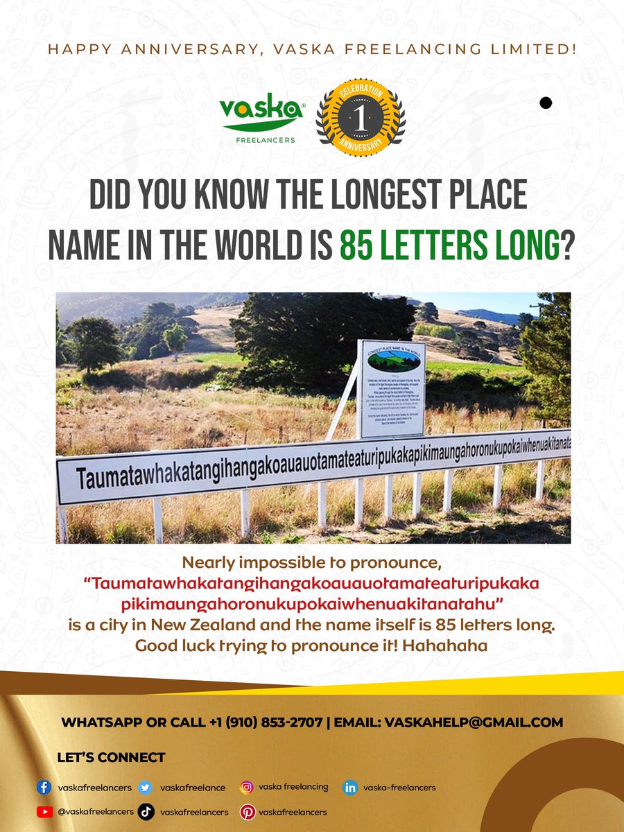 vaskafreelance's tweet photo. Happy Anniversary, Vaska Freelancing Limited!
Did you know the longest place name in the world is 85 letters? Good luck trying to pronounce it! Hahahaha
#vaskafreelancer #vaskatips #fun #myth #fy https://t.co/Pk1OfI1GE3