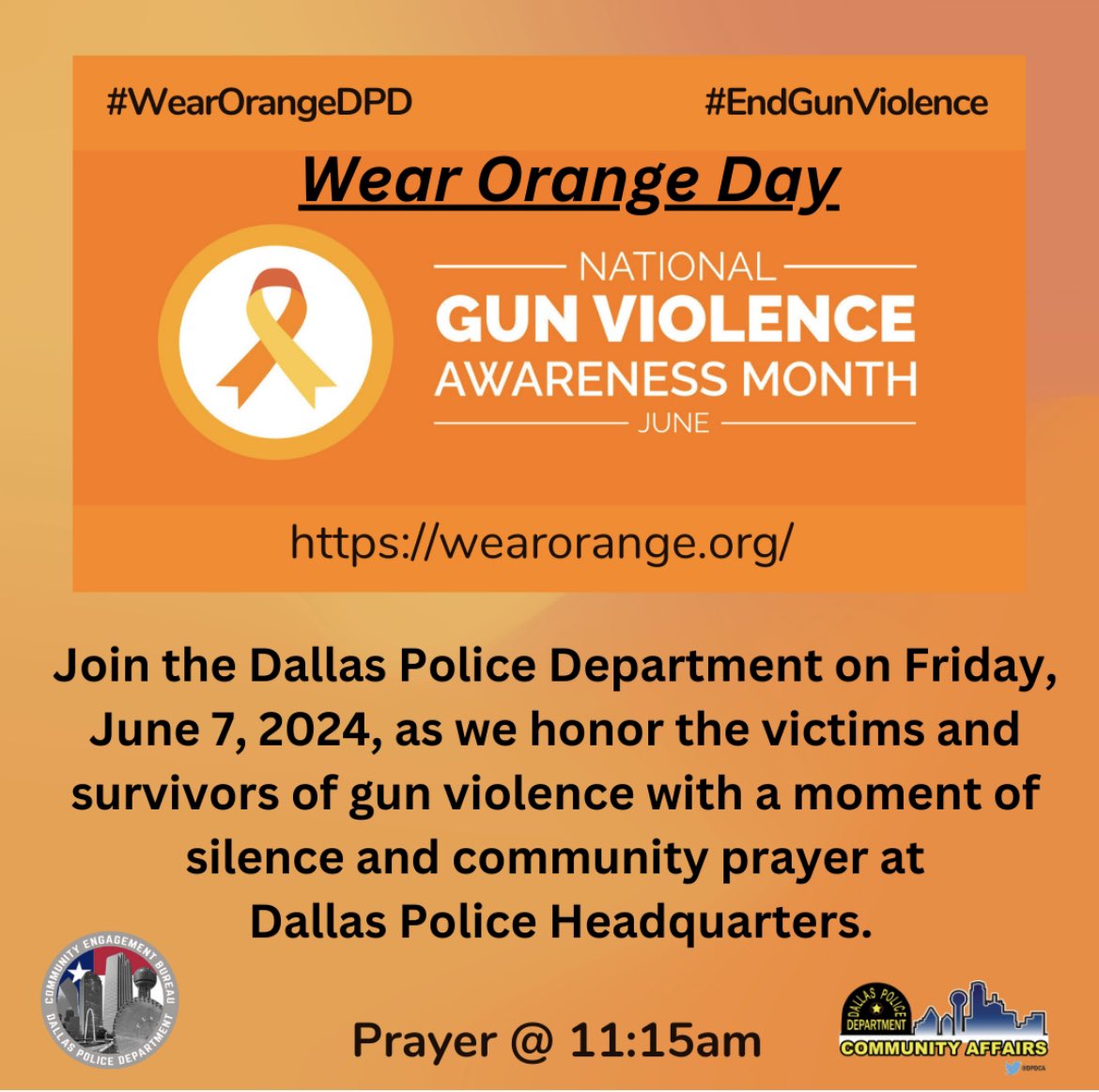 Join us Friday at Dallas Police Headquarters for our National Gun Violence Awareness Month Kick-Off. Get your free gun lock safety kits, resources &amp; visit with vendors. Join us for a community prayer at 11am to honor gun violence victims &amp; survivors. 
…renessMonthKickOff2024.eventbrite.com