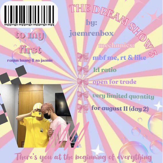 💿 𝘫𝘢𝘦𝘮𝘳𝘦𝘯: to my first, there’s you at the beginning of everything. 

THE DREAM SHOW 3 in MNL 
~ a #잼런 fan support by: 𝓳𝓪𝓮𝓶𝓻𝓮𝓷𝓫𝓸𝔁 🧩

- mechanics below
- location : tba
- renmin &amp; jaemren version

#THEDREAMSHOW3_in_MNL 
#NCTDREAM_THEDREAMSHOW3_in_MNL