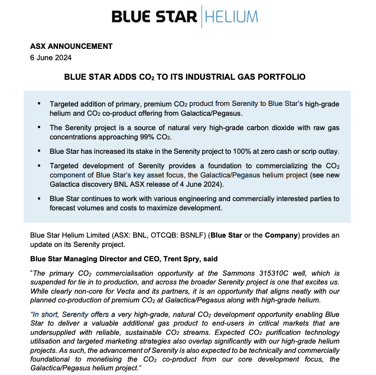 <a href="/HeliumBlue/">Blue Star Helium Limited</a> (#ASX: $BNL; #OTCQB: $BSNLF) adds very high-grade #CO2 to its industrial gas portfolio by raising its stake in the Serenity project to 100% at zero cash or scrip outlay. See more about the news and #market opps 👉👉 bit.ly/4c8JW7K