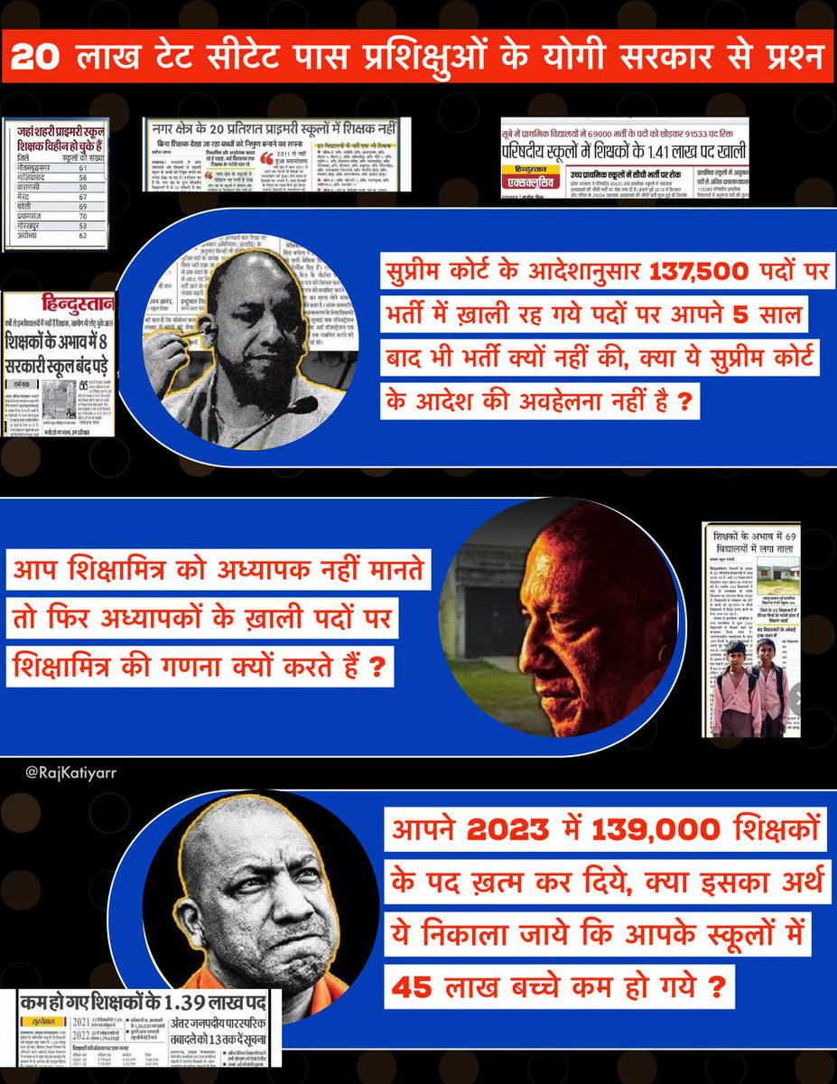 अभी आपके पास समय है चेत जाईये ।। नहीं तो युवा विरोधी  व रोजगार विरोधी व पूर्व CM के रूप  मे जाने जायेंगें   ।
माननीय मुख्यमंत्री <a href="/myogiadityanath/">Yogi Adityanath</a> जी अधिकारी आपको गुमराह कर रहे हैं  UP हारने का प्रमुख कारण सभी भर्तियों की लेट लतीफी व मुख्य रूप से प्राथमिक शिक्षक भर्ती है।  बेसिक