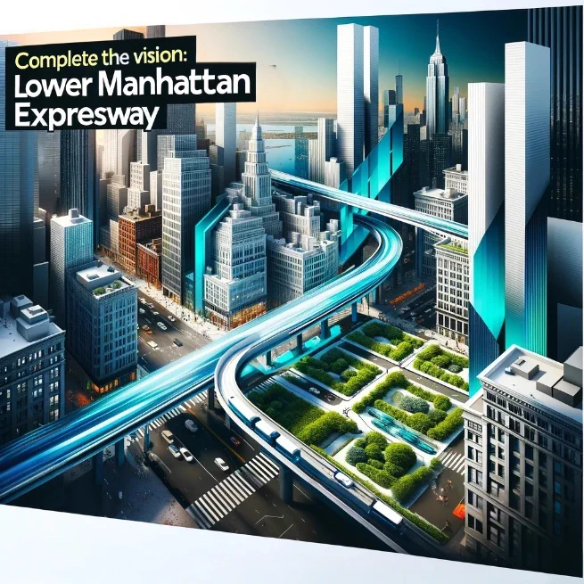 An algorithmically generated image of a fictitious poster for a campaign to “finish the manhattan expressway, showing multi-lane highways running through the heart of an urban core of a metropolitan area