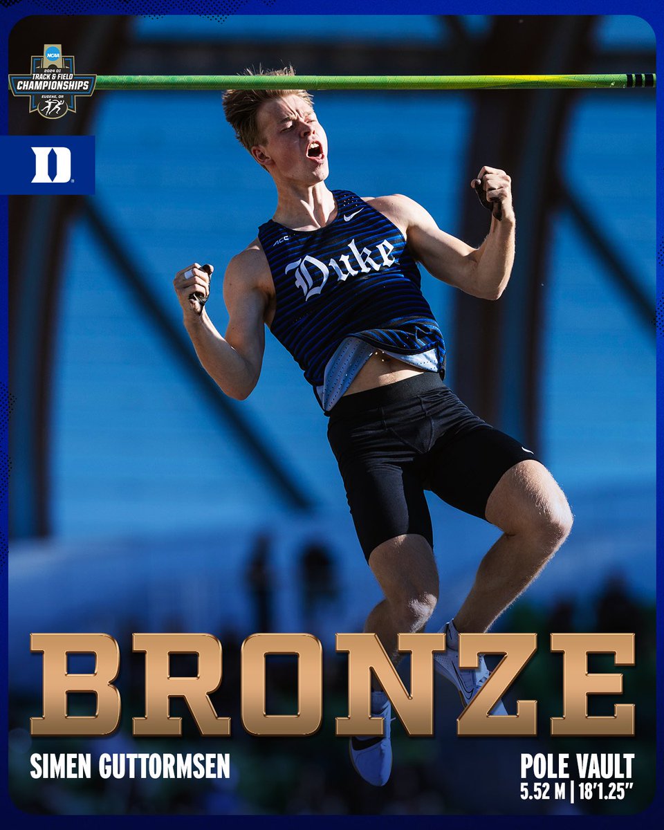 DukeTFXC's tweet photo. WITNESSING A DUKE GREAT😈

Simen Guttormsen is a NCAA BRONZE MEDALIST and FIRST TEAM ALL-AMERICAN in the Men’s Pole Vault with a mark of 5.52m!🥉

His 3rd place finish is the HIGHEST placement in the Men’s Pole Vault by a Blue Devil all-time at the NCAA Outdoor Championships!🔥 https://t.co/VnEPIsJckS