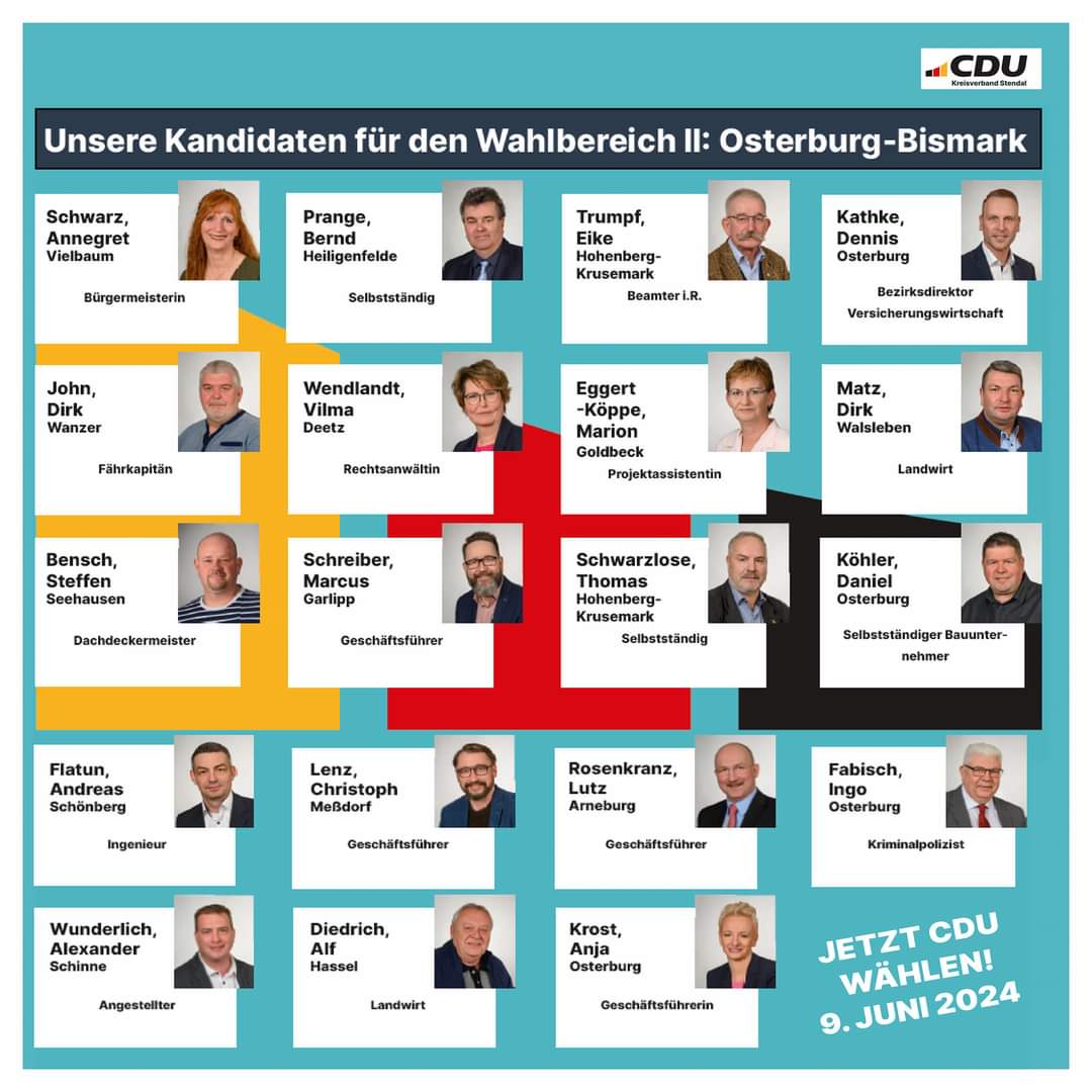 🇩🇪 #Kommunalwahl2024:
Der Countdown läuft: Am 9. Juni werden die Vertreterinnen und Vertreter für die kommunalen Gremien gewählt.

🗳️ Das ist unser Team für den Wahlbereich 2, Osterburg-Bismark:  cdu-stendal.de/news/lokal/145…