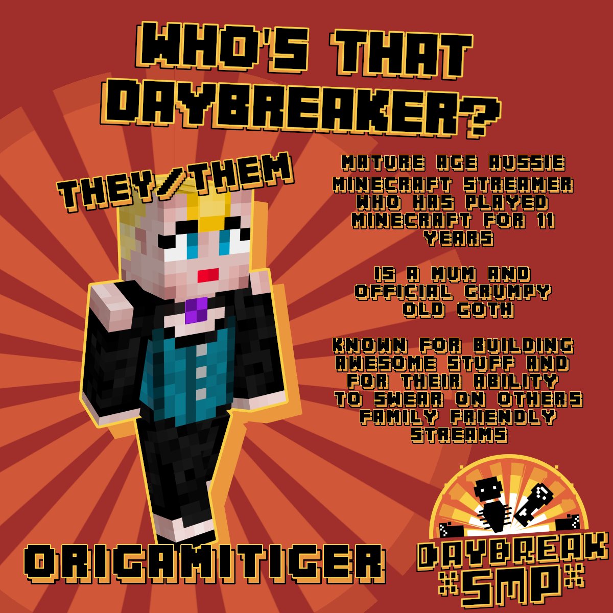 daybreakthesmp's tweet photo. It's @OrigamiTigerMCr!
Be careful not to spook them, they may break a hip!
#daybreakSMP https://t.co/EOxsFpujvW
