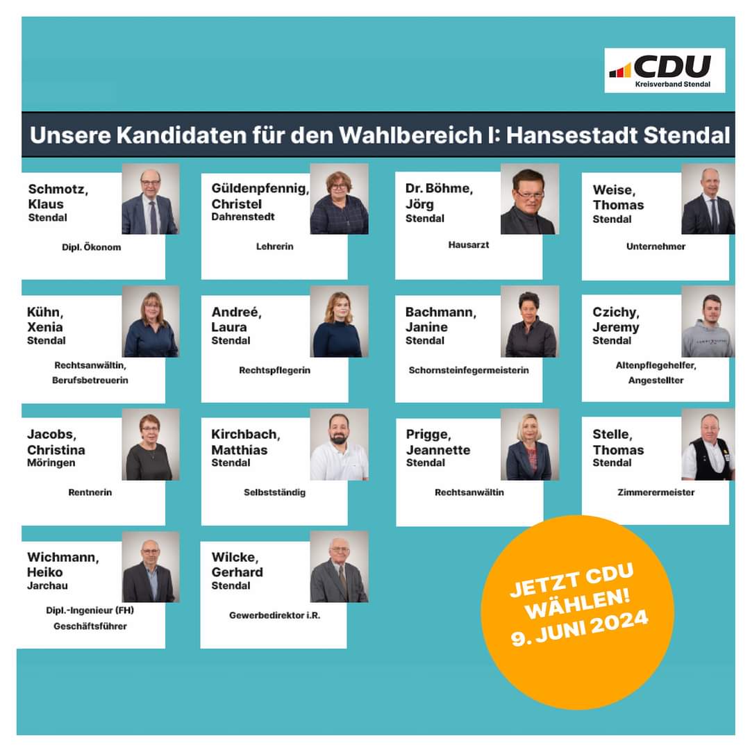🇩🇪 #Kommunalwahl2024:
Der Countdown läuft: Am 9. Juni werden die Vertreterinnen und Vertreter für die kommunalen Gremien gewählt.

🗳️ Hier ist unser Team für den Wahlbereich 1: Hansestadt Stendal:
👉🏻 Mehr Infos: cdu-stendal.de/news/lokal/145…