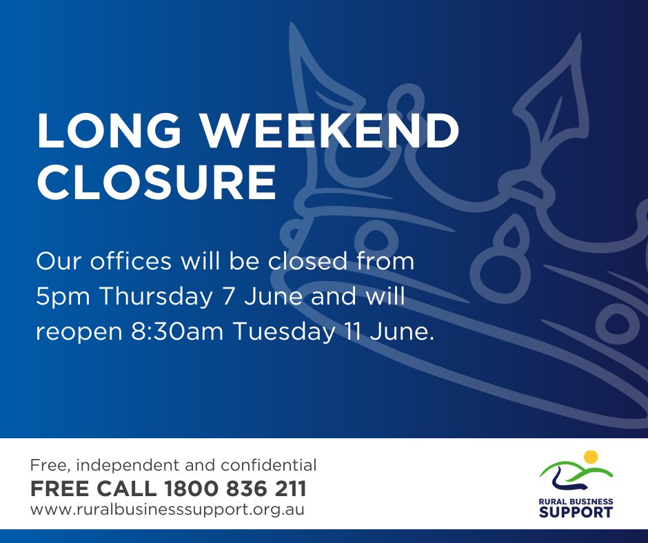 RuralBusinessSupport (@ruralbiz) on Twitter photo KING'S BIRTHDAY OFFICE CLOSURE π//
Our offices will be closed on Monday 10 June.
You can still call our FREECALL 1800 836 211 number and leave your contact details, or email us at enquiries@ruralbusinesssupport.org.au
We will contact you on Tuesday when our office opens again. KING'S BIRTHDAY OFFICE CLOSURE π//
Our offices will be closed on Monday 10 June.
You can still call our FREECALL 1800 836 211 number and leave your contact details, or email us at enquiries@ruralbusinesssupport.org.au
We will contact you on Tuesday when our office opens again.