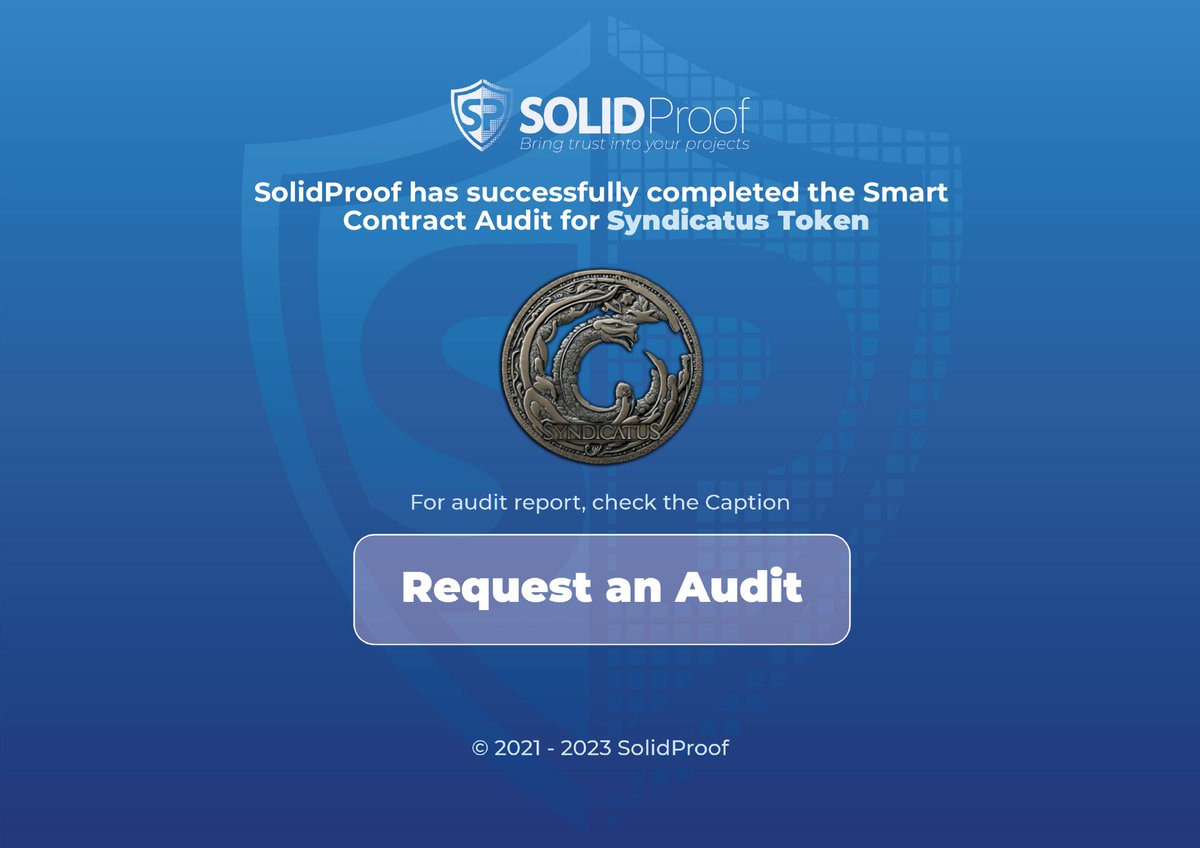 solidproof_news's tweet photo. We are happy to announce that we have completed the smart contract audit for @syndicatvs

The Team also succeeded our KYC process.

Need an audit?
https://t.co/9DXI3qJCHH

Check out the full audit report here:

https://t.co/f5QHhI4FI2

#SmartContracts #Blockchain https://t.co/TxJMadu8sy