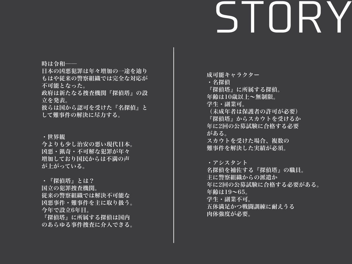 ToD_TL's tweet photo. 🔎探偵×助手×難事件

増加しつつある凶悪犯罪に対抗するため設立された犯罪捜査機関、『探偵塔』。
探偵と助手、2人の力で事件を解決に導け！

フォロワー一定数以上で開催決定致します。

※当企画は残酷な表現を含みます。
充分にご注意ください。

 #創作企画
#世界観共有企画
#探偵塔_公式 https://t.co/Cst7eZdH7Z