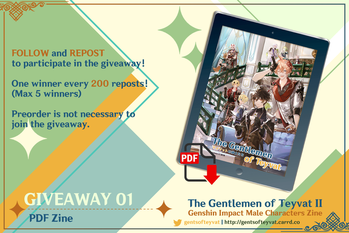 ✧✧ GIVEAWAY 01 ✧✧
Our first giveaway is open to all! No mora to preorder? Borrow some luck from Aventurine /wrong series😉/, retweet this post and follow us for a chance to win a copy of our digital zine! The more retweets the more winners!! Deadline 19 July.

#genshin #原神