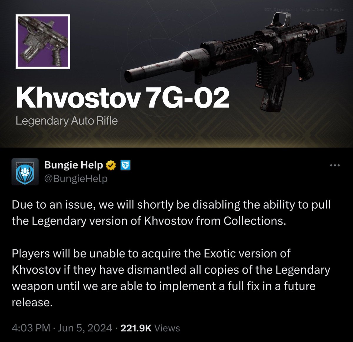 Destiny Director on X: “Due to an issue, obtaining the Legendary