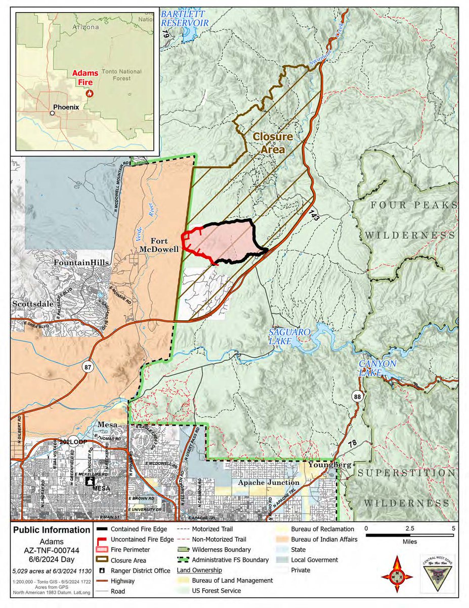 TontoForest's tweet photo. #AdamsFire UPDATE 6/6/24: The fire is 5,029 acres w/ 62% containment. Today, firefighters will continue to patrol control lines and mop up. InciWeb Adams Fire: https://t.co/pqQJEcyQdC……. #TontoNF https://t.co/8Bc5oLuFxl
