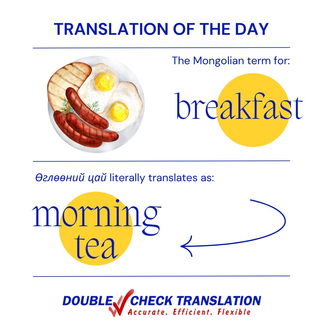 doublecheckmn's tweet image. &quot;Fun Fact: In Mongolian, &apos;Breakfast&apos; translates to &apos;Morning Tea&apos; !&quot; 🌄🫖

#TranslationTrivia #Languageservices

+976 9567 9433
translation@doublecheck.mn

@followers