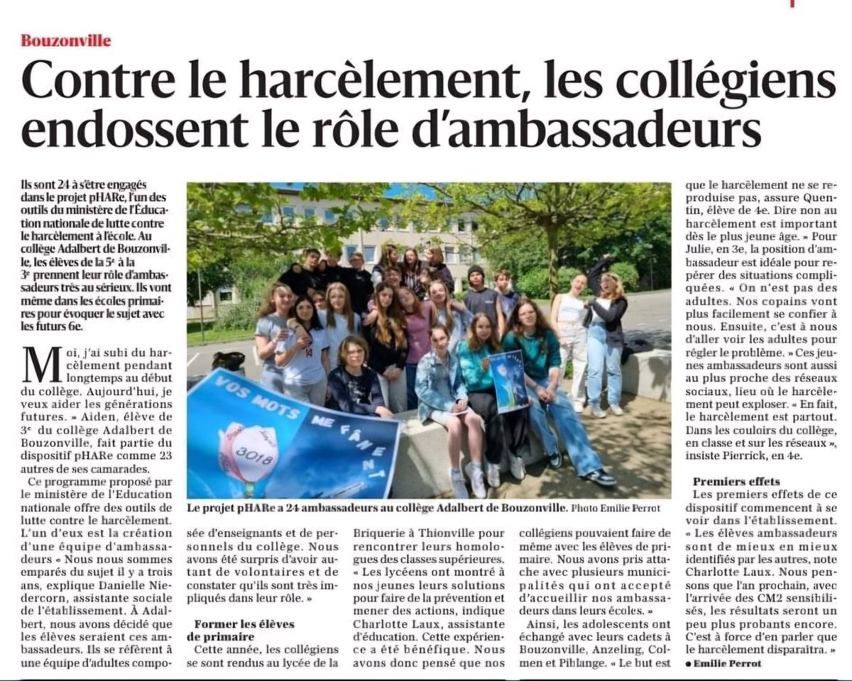 #nah Les 24 ambassadeurs #pHARe ont sensibilisé 150 élèves du Cm1/Cm2 à la lutte contre le harcèlement scolaire !
<a href="/acnancymetz/">Académie de Nancy-Metz</a> 
<a href="/Dsden57/">DSDEN de la Moselle</a> 
@GregoryPremon 
@fblorrainenord