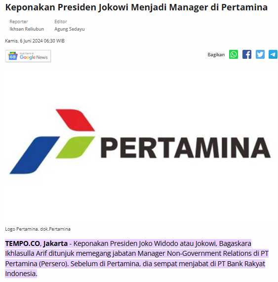 Keponakan Presiden Jokowi, Bagaskara Ikhlasulla Arif ditunjuk memegang jabatan Manager Non-Government Relations di PT Pertamina (Persero). Sebelum di Pertamina, dia sempat menjabat di PT Bank Rakyat Indonesia.

Total Politik
Dinasti Politik

bisnis.tempo.co/read/1876504/k…