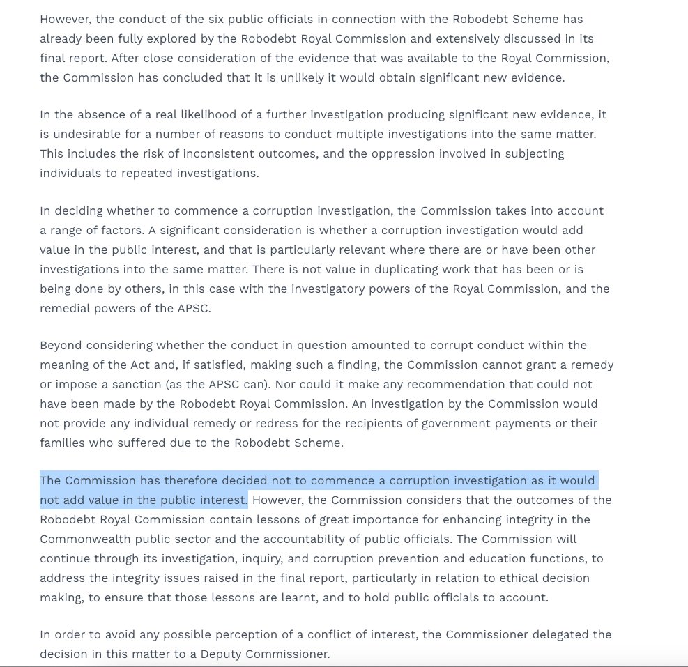 JoshButler's tweet photo. breaking: National Anti Corruption Commission says it WON'T pursue Robodebt Royal Commission referrals
"The Commission has therefore decided not to commence a corruption investigation as it would not add value in the public interest."
https://t.co/tNPbLA3NuF https://t.co/VNrZl5zTNw