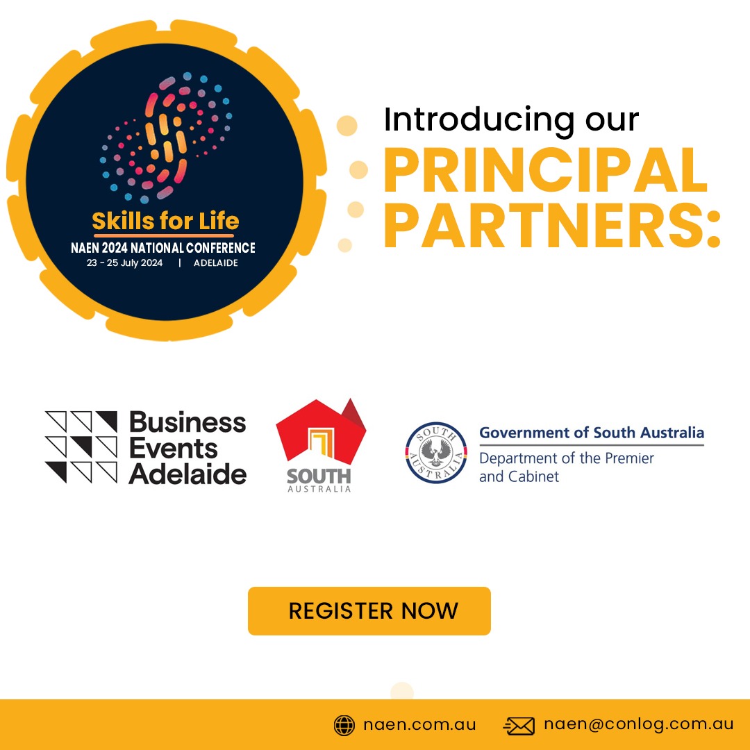 We are proud to announce our principal partners for the #NAEN2024 National Conference, "Skills for Life": <a href="/BizEventsAdl/">Business Events Adelaide</a> and the <a href="/sagovau/">SA Government</a> .

Join us in Adelaide and explore all that South Australia has to offer. Register now: conlog.eventsair.com/naen-2024/

#Adelaide #Skillsforlife
