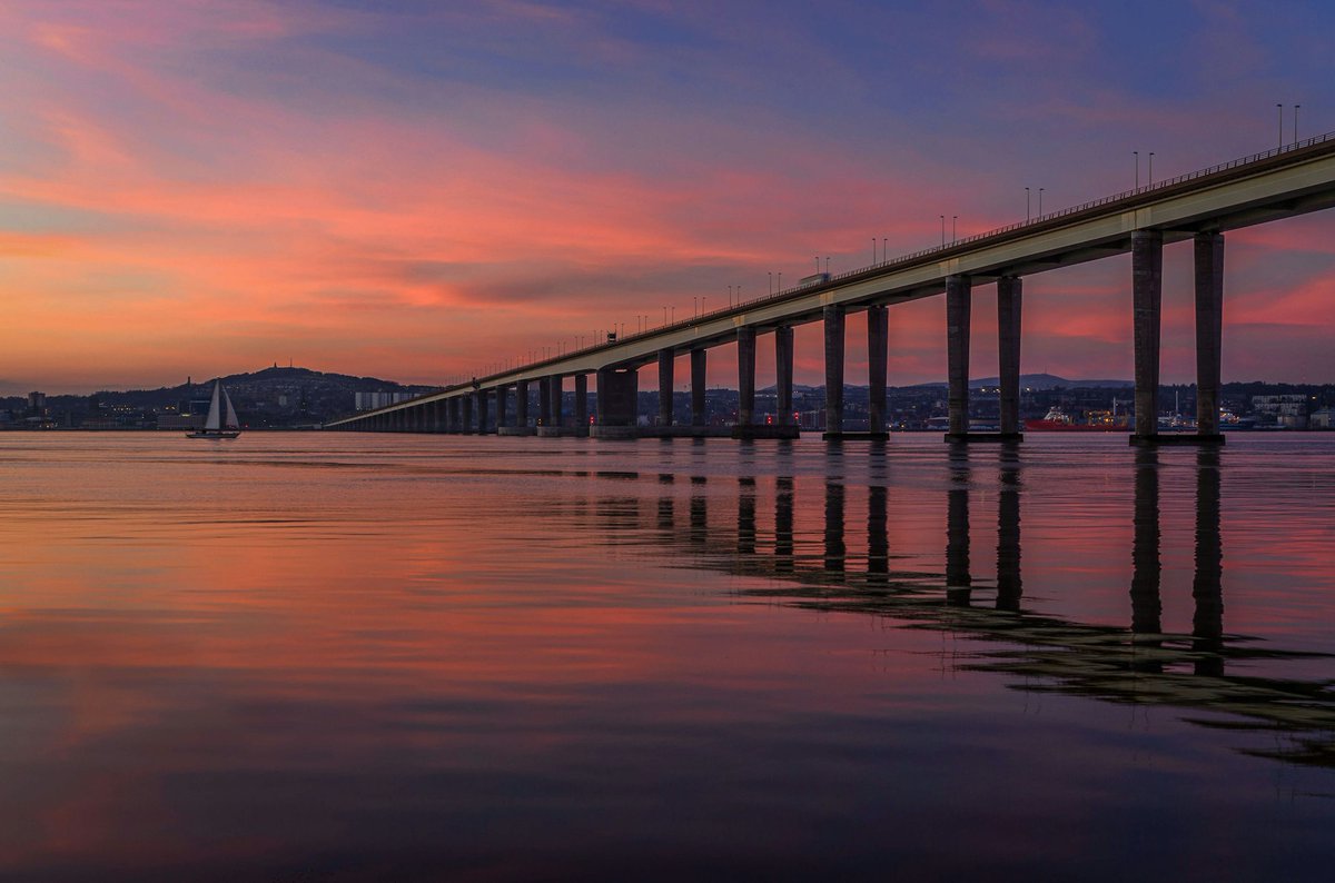 Catch the stunning sunset over Dundee! 🌅 Whether you're driving over the Tay Road Bridge or sailing underneath, the views are simply breath taking.  #VisitDundee #SunsetMagic #VisitScotland