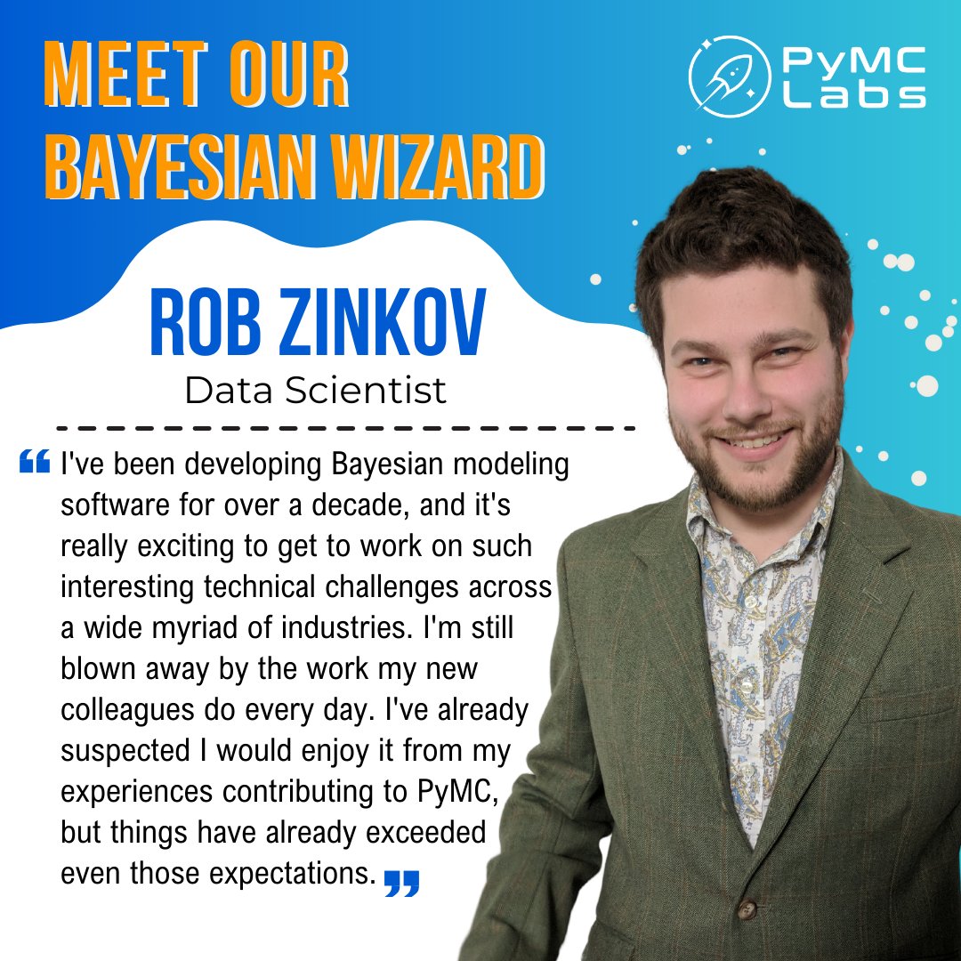 pymc_labs's tweet photo. 🚀 Thrilled to welcome our new Bayesian Wizard, @zaxtax, as Data Scientist @pymc_labs🧙‍♂️ With over a decade of expertise in Bayesian modeling &amp; probabilistic programming, he's set to push boundaries on fascinating tech challenges across industries.🔥 Let's do this! #Bayesian #PyMC https://t.co/TeSCmrL5Sk