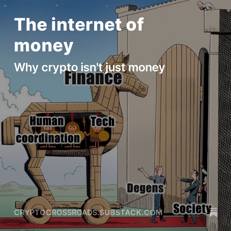 hiiii
I wrote a blog about "The internet of money" 

Or why I believe crypto is deeply financial but not just about money.

I cover what brought me to crypto, how my opinions have changed and why I'm staying.