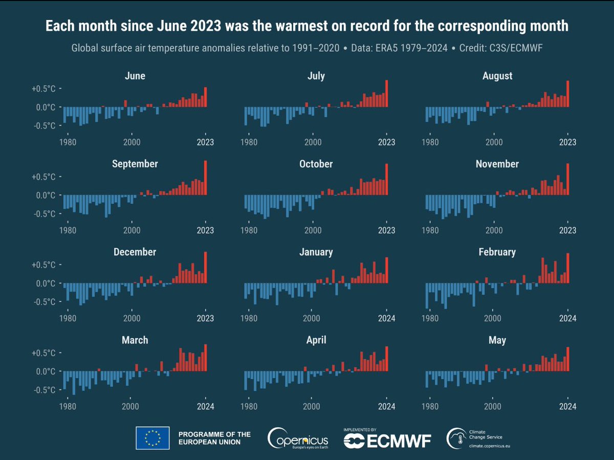 OceanTerra's tweet photo. Every single month in the last 12 months has broken temperature records for the respective month. For ocean surface temperatures - it's now a 14 month streak

Until we reach net-zero global emissions the climate will continue to warm

More: https://t.co/GHDQRVrh8q
#ClimateCrisis https://t.co/FFy0Pij50R