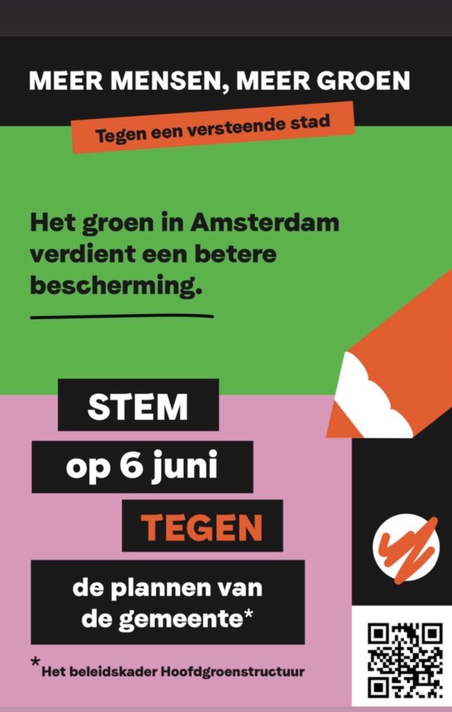 💚 Wil je dat Amsterdam ook in de toekomst een stad is waar je kunt wonen, sporten en een heerlijke wandeling in het park kunt maken? 

❌ Stem dan vandaag tegen bij het referendum over de Hoofdgroenstructuur.