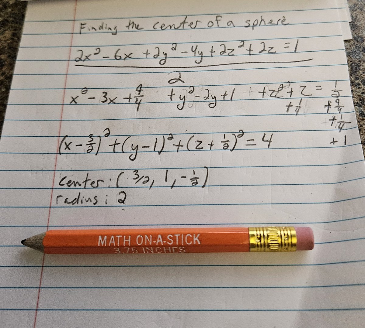 Mrs_Meowmerz's tweet photo. More review for calculus 3. I was almost arithmetic and algebra bamboozled. This is super basic, but completing the square is one of my favorites. 

Thanks @Trianglemancsd and @MathOnAStick for my new favorite pencil. https://t.co/RZb2Gsxk5x
