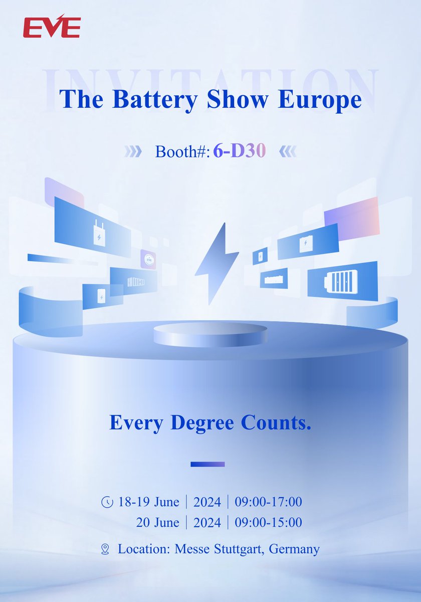 EVEPower_EVE's tweet photo. EVE Energy invites you to meet at The Battery Show Europe 2024!!🤝🤝
#TheBatteryShow https://t.co/u3HVUvp2Zn