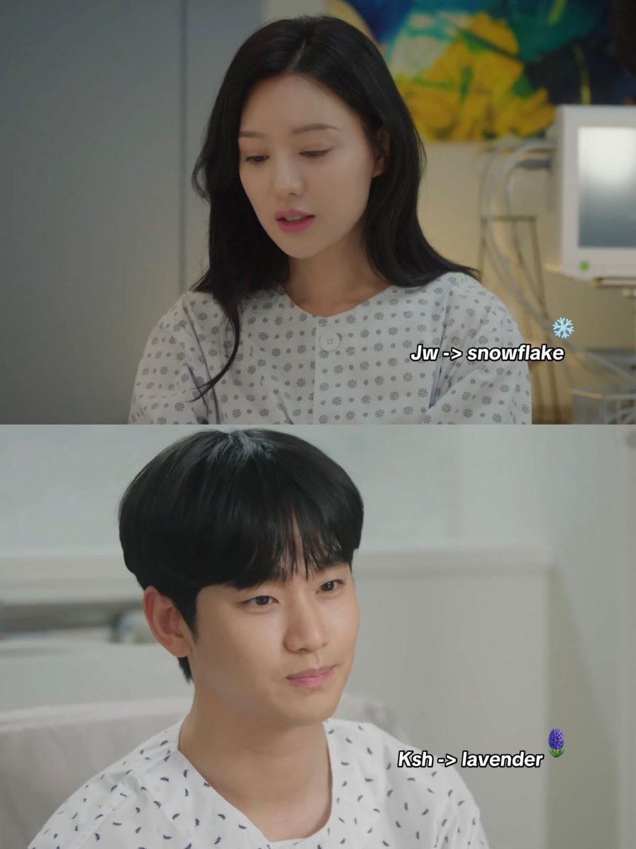 kdrama_menfess's tweet photo. Kalian ada yang nyadar gak sih liat kostum BaekHong waktu jadi pasien di RS bahkan punya motif berbeda yang ada maknanya 🥲 Haein= kepingan salju ❄️ sedangkan hyunwoo = bunga lavender 🪻 bener2 sedetail itu •kdm• https://t.co/Us8NTSTTsB