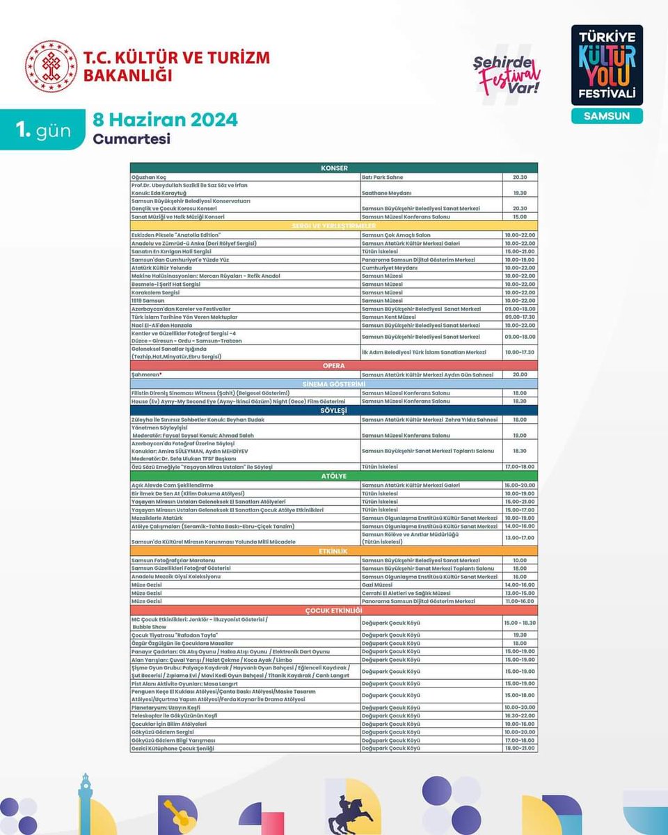 TCSamsunValilik's tweet photo. 8-16 Haziran tarihleri arasında gerçekleşecek olan Samsun Kültür Yolu Festivali’nde kültür, sanat ve eğlence dolu bir etkinlik programı sizleri bekliyor!! 🎊

Bu postu kaydet, arkadaşlarınla paylaş ve etkinlikleri kaçırma! ✨ https://t.co/7z0Gu3SBCP