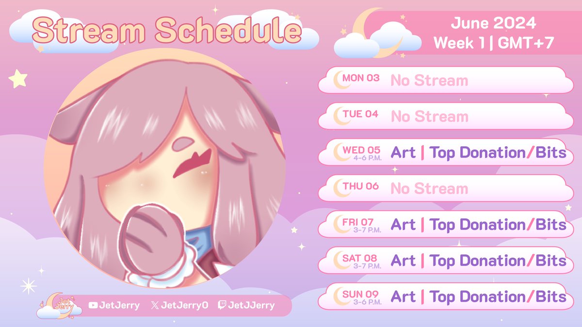 JetJerry0's tweet image. ตารางสตรีม สัปดาห์ที่ 3 - 9 มิ.ย. 2567 ค่ะ
เคลียงานกันค้าบ แล้วเจอกัน!🐰💖

Stream's schedule: week of 3 - 9 June 2024
Continue working on the Top Donate/Bits event. See you soon!🐰💖
#JetJJerry