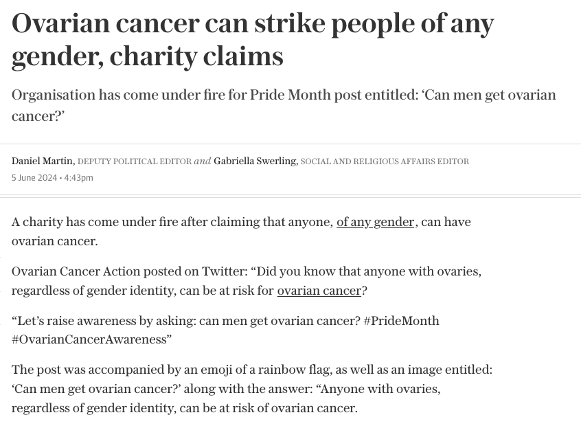 Let me be abundantly clear - biological men cannot get ovarian cancer. 

We have to be respectful of people's individual choices, but that cannot trump scientific reality.

Call me all the names under the sun, it will never change what is biological fact.