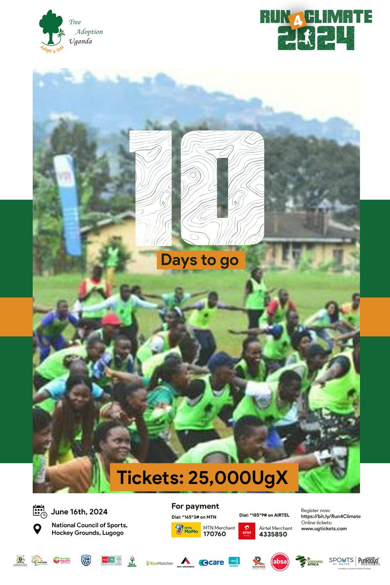 tree_adoptionug's tweet image. 🔔 With just 1️⃣0️⃣ days to go, grab your tickets at 25,000 UgX 🇺🇬 and join the green movement while having fun. 🕺💃

Let's take strides towards a sustainable future! #RunAClimate #GoGreen 
↪️ bit.ly/Run4Climate