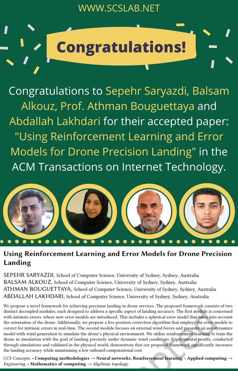 SCSLab's tweet image. 🎉 Congratulations to the team for their accepted paper in the &quot;ACM Transactions on Internet Technology (ACM-TOIT)&quot; ! 🎉

🔹 Paper Title: Using Reinforcement Learning and Error Models for Drone Precise Landing
🔹 Link to the paper: dl.acm.org/doi/10.1145/36…