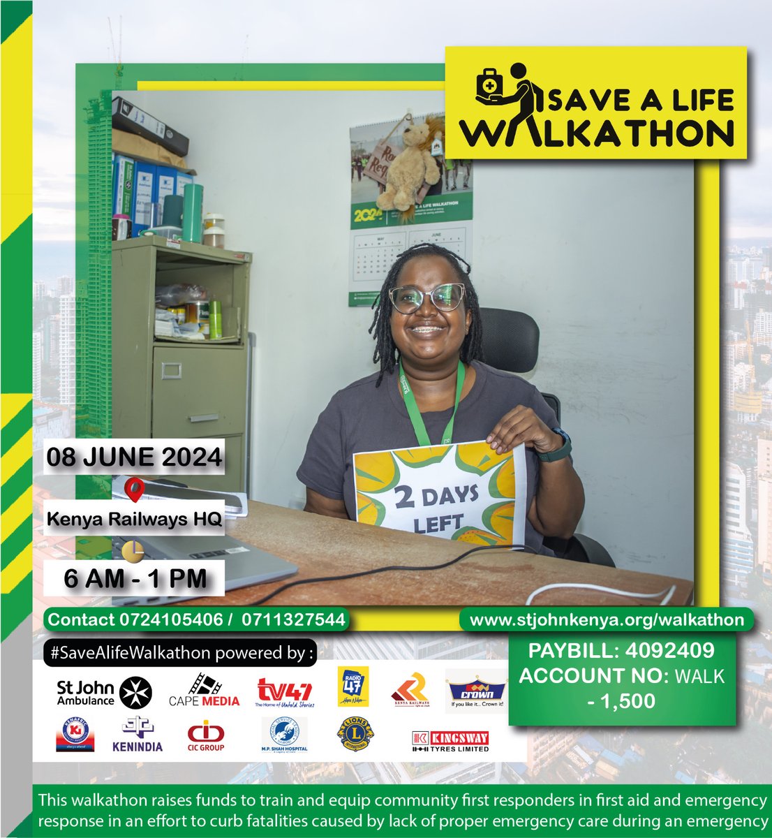 StJohnKenya's tweet photo. Saturday 8th, join #SaveALifeWalkathon. Start: Kenya Railways HQ, off Haile Sellasie Av, Opp. TUK entrance. Flag off Time: 6am. Route: Haille Sellasie -> Uhuru Highway -> Mombasa rd -> Nyayo Rbt (5KM) -> Bellevue Uturn (10KM) -> Sameer Business Park Uturn (21KM) - Return to KR. https://t.co/pgxgoABTyx