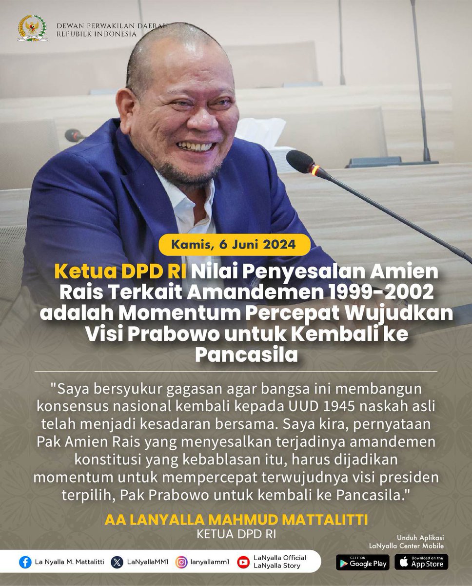 LaNyallaMM1's tweet photo. Pernyataan mantan Ketua MPR periode 1999-2004, Amien Rais yang menyesalkan dan meminta maaf atas amandemen konstitusi pada tahun 1999-2002
@prabowo
#lanyalla #dpdri #amandemen #konstitusi #uud1946 #pancasila https://t.co/hKu1rH1bvz