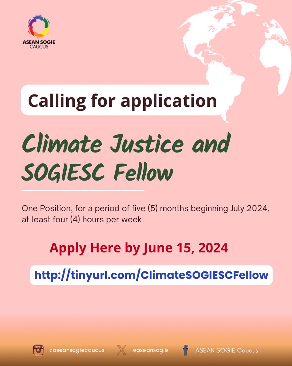 Join us in the movement for climate justice and SOGIESC! ASEAN SOGIE Caucus is searching for a committed fellow to drive our initiatives forward. 🌱⚖️

⏩ Apply by filling in this online form tinyurl.com/ClimateSOGIESC… 

⏩ For further information: drive.google.com/file/d/12-zl-6…

✊🏳️‍⚧️🏳️‍🌈✊