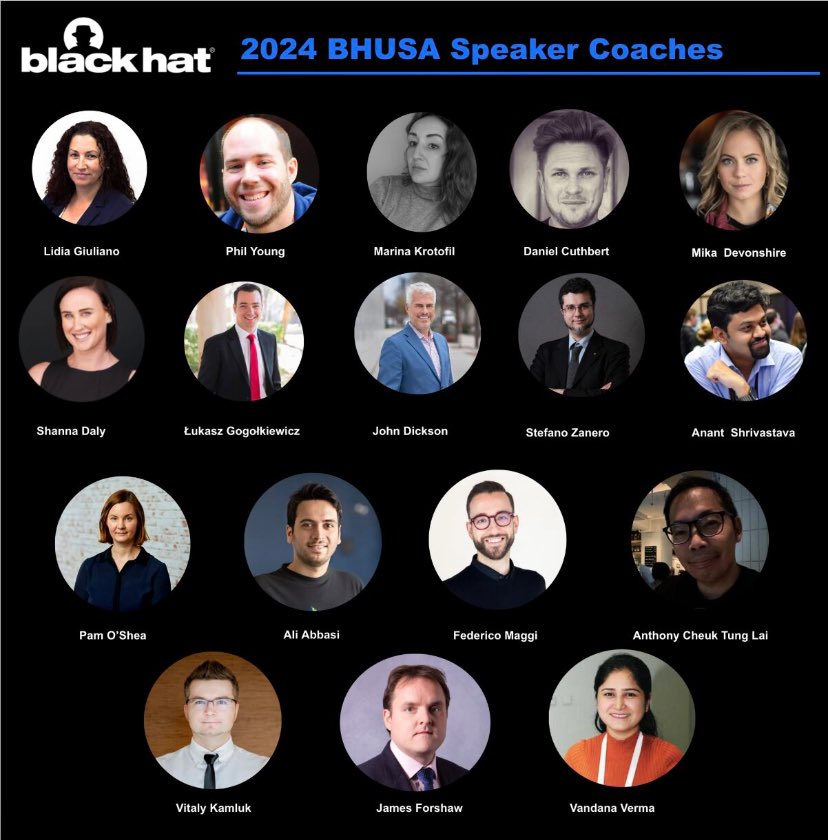 Really excited to be kicking off the <a href="/BlackHatEvents/">Black Hat</a> Speaker Coach Program again for #BHUSA . If you are an accepted speaker, look out for the signups this week and next.

We could not run this program without these amazing individuals 👏