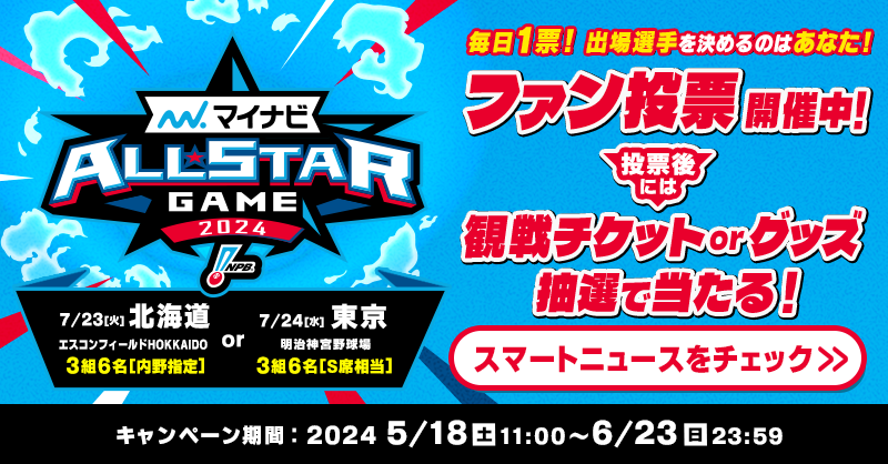 smartnews_ja's tweet photo. #スマニュー でマイナビオールスターゲーム2024ファン投票開催中⚾️
推しの選手に毎日投票！
→https://t.co/FO2WdS97aQ

その場で当たる🎊
デジタルギフト総額10万円相当のXキャンペーンも✨

▼手順
①@smartnews_ja をフォロー
②この投稿をリポスト
③URLから抽選へ
https://t.co/03zNmHHLa0
6/23〆 https://t.co/Vs6Yv12IE8